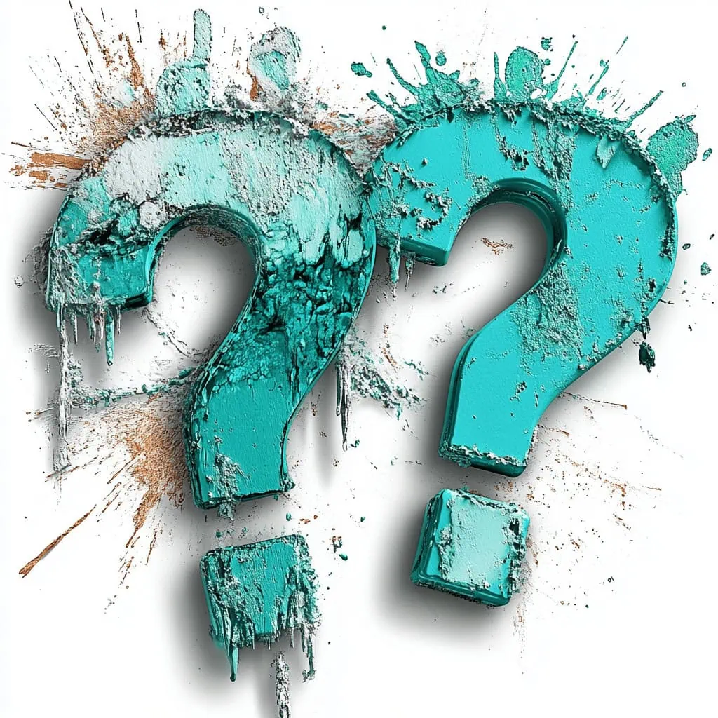 Two teal question marks with paint splashes